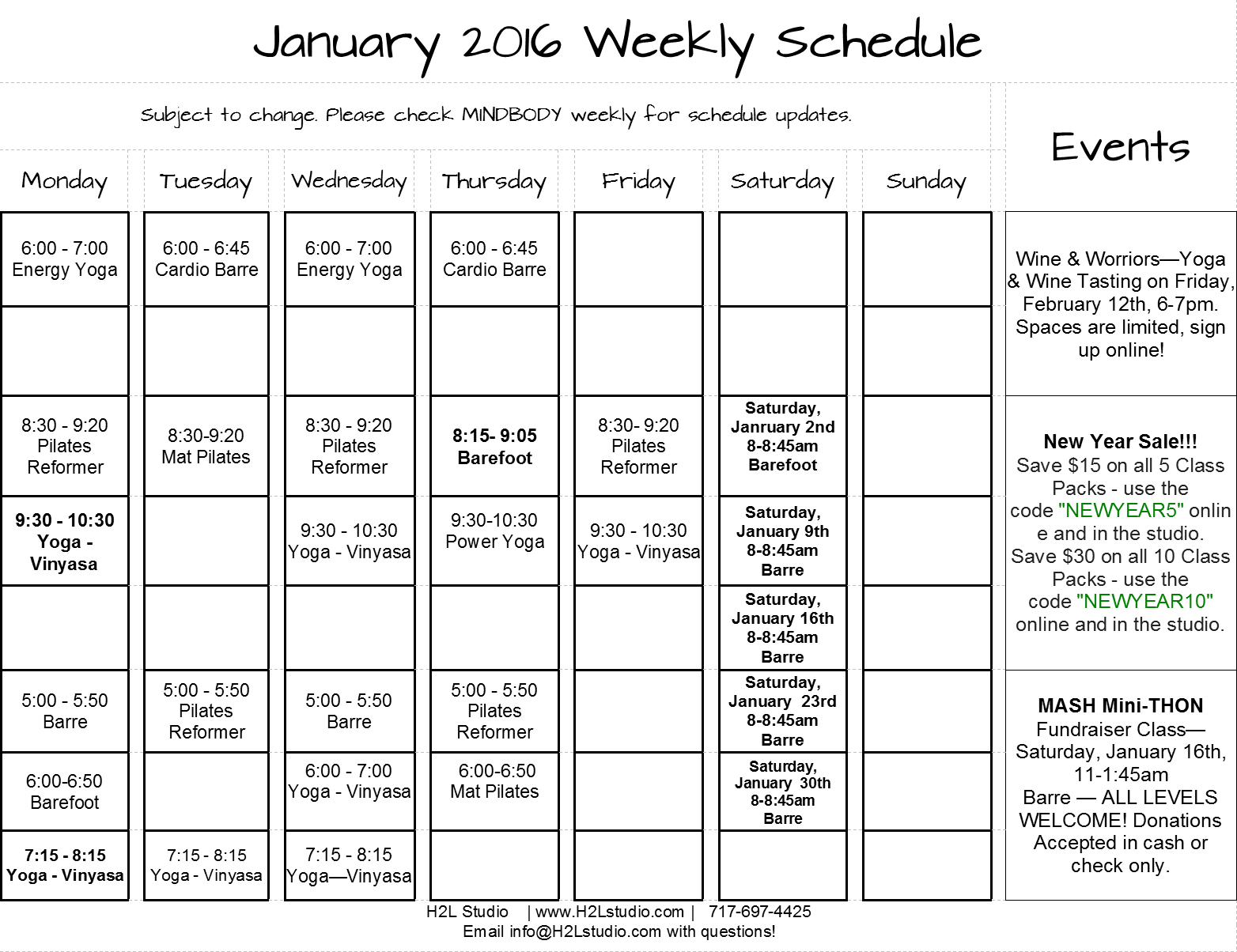 Jan Schedule H2L Studio Yoga Barre Pilates H2L Studio, Mechanicsburg