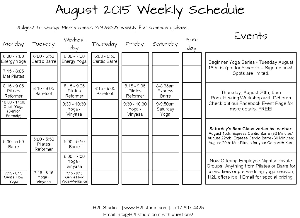 aug 2015 pilates schedule H2L Studio, Mechanicsburg