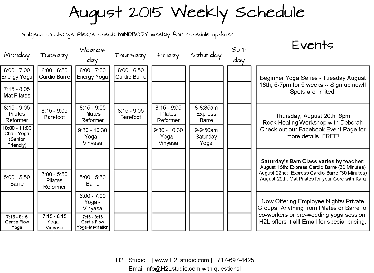 aug 2015 pilates schedule H2L Studio, Mechanicsburg